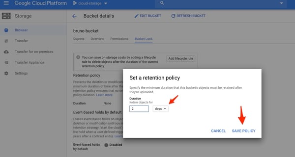 Setting a retention policy dialog