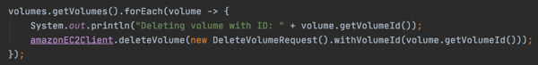Code snippet to delete a volume from the list.