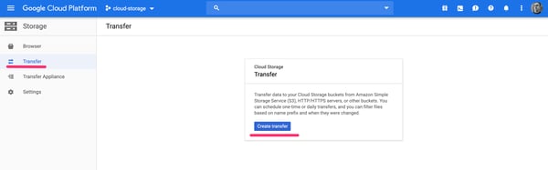 The first Transfer screen in Google Cloud Platform Storage.