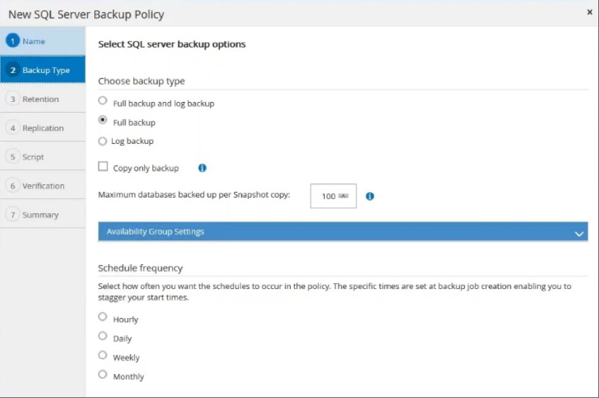 Defining a backup policy in SnapCenter.