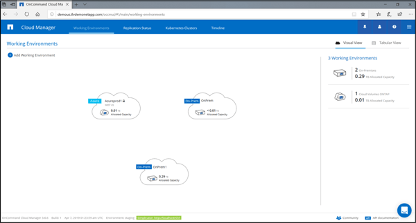 Once you enter the Cloud Manager, you can see the working environments listed, which includes the Cloud Volumes ONTAP system as well as on-prem ONTAP systems